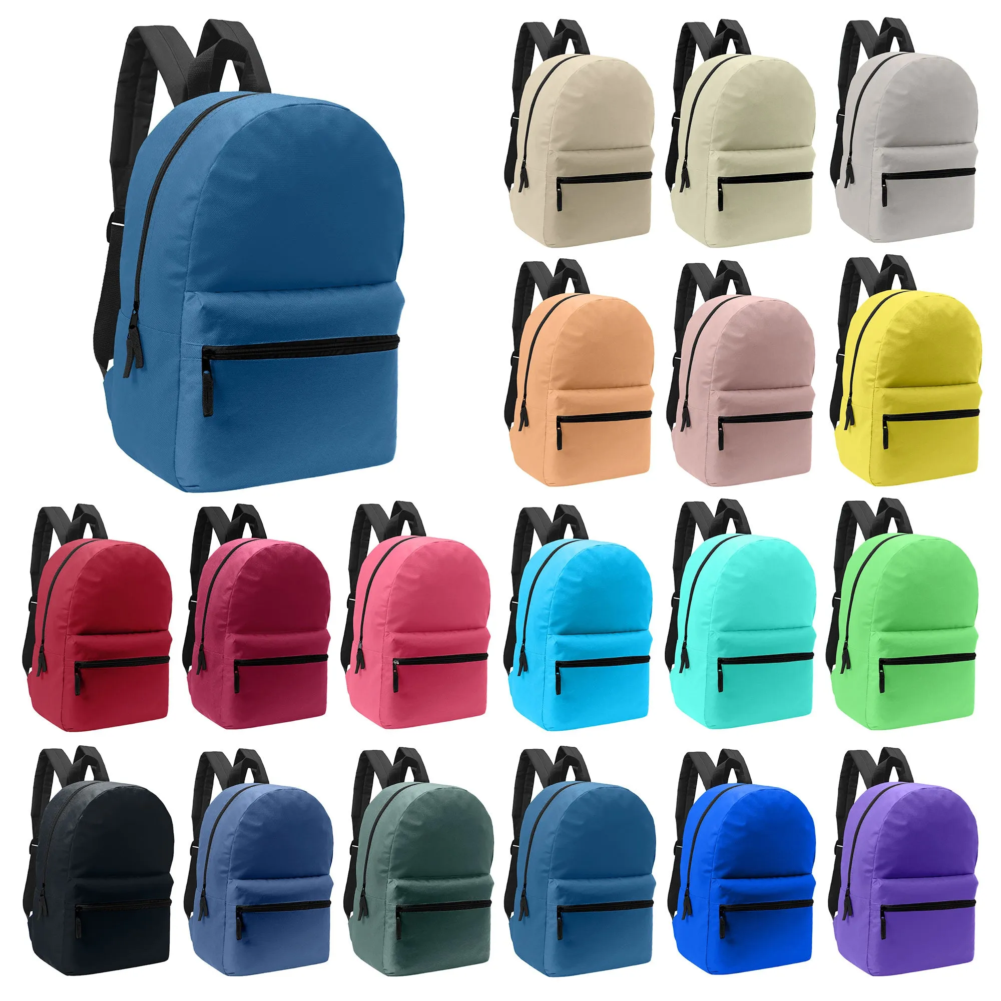 17" Kids Basic Wholesale Backpack in 18 Assorted Colors - Bulk Case of 36 Backpacks