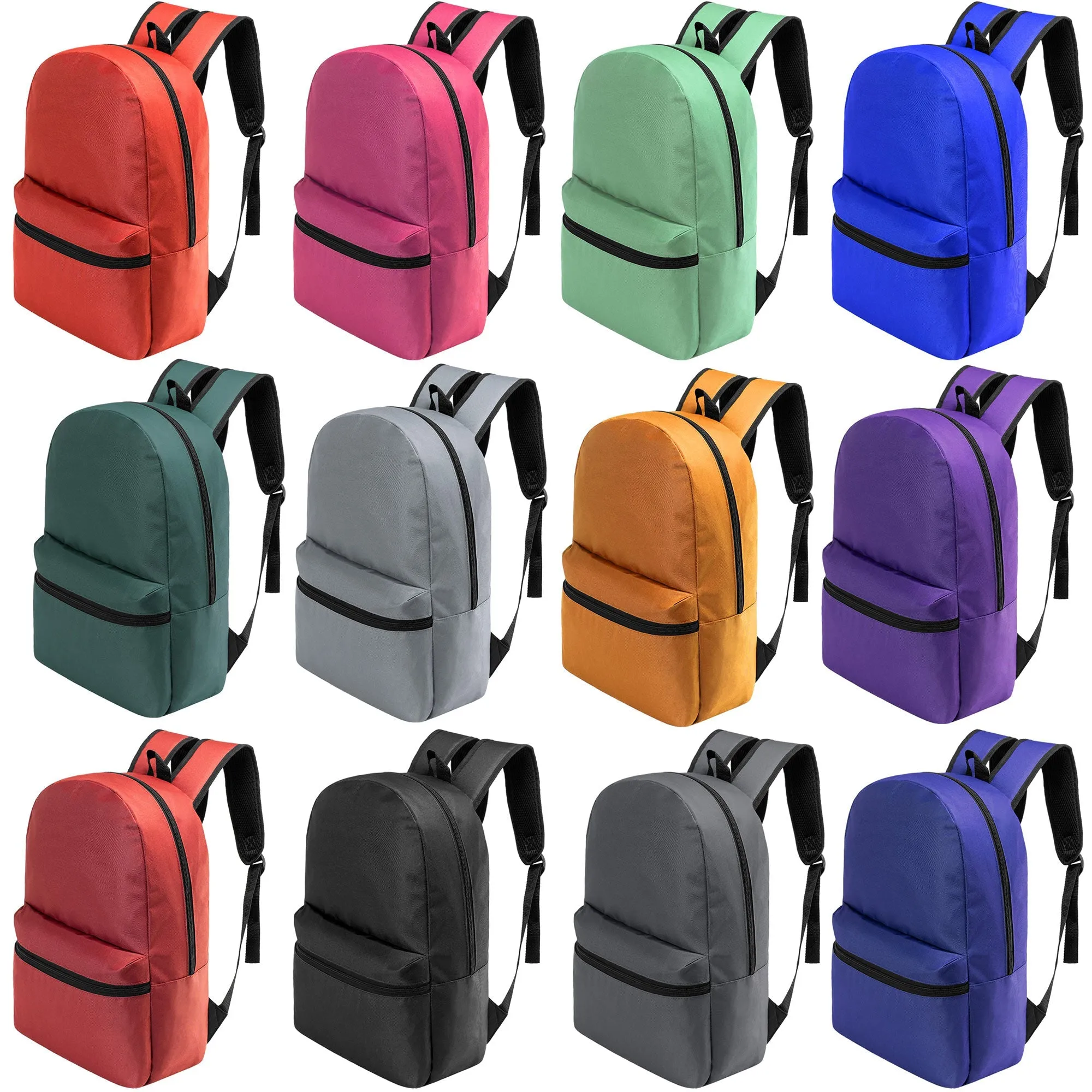 18.5" Basic Blank Back to School Wholesale Backpack in 12 Colors - Bulk Case of 24