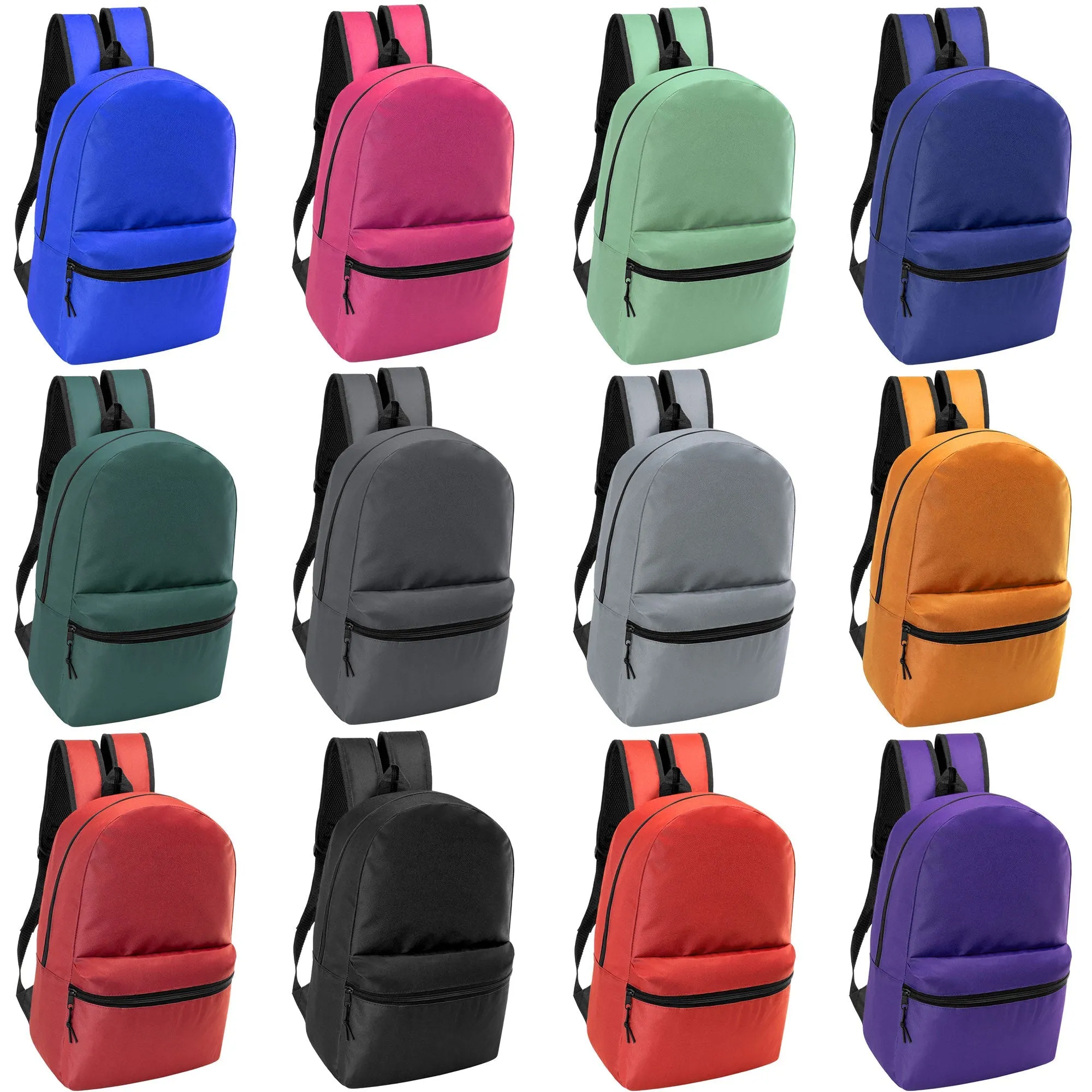 18.5" Basic Blank Back to School Wholesale Backpack in 12 Colors - Bulk Case of 24