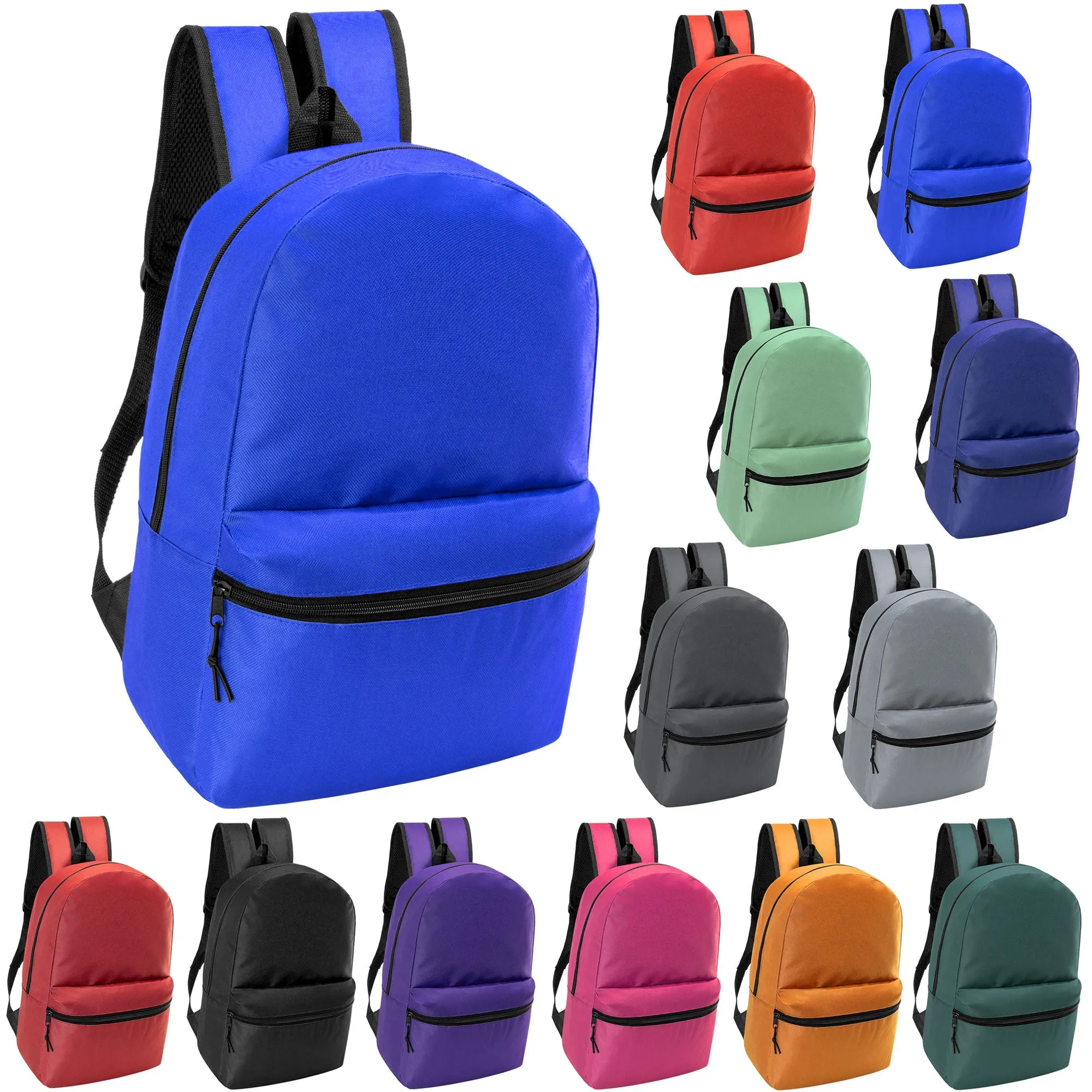 18.5" Basic Blank Back to School Wholesale Backpack in 12 Colors - Bulk Case of 24