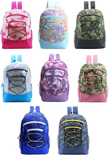 24 Pack of 17" Bungee and Deluxe Wholesale Backpack in Assorted Color and Prints - Bulk Case of 24