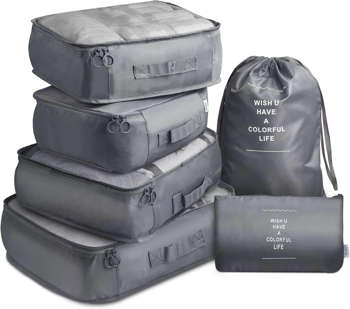 6 Pcs Waterproof Compression Packing Cubes Large Travel Luggage Organizer Storage (Grey)