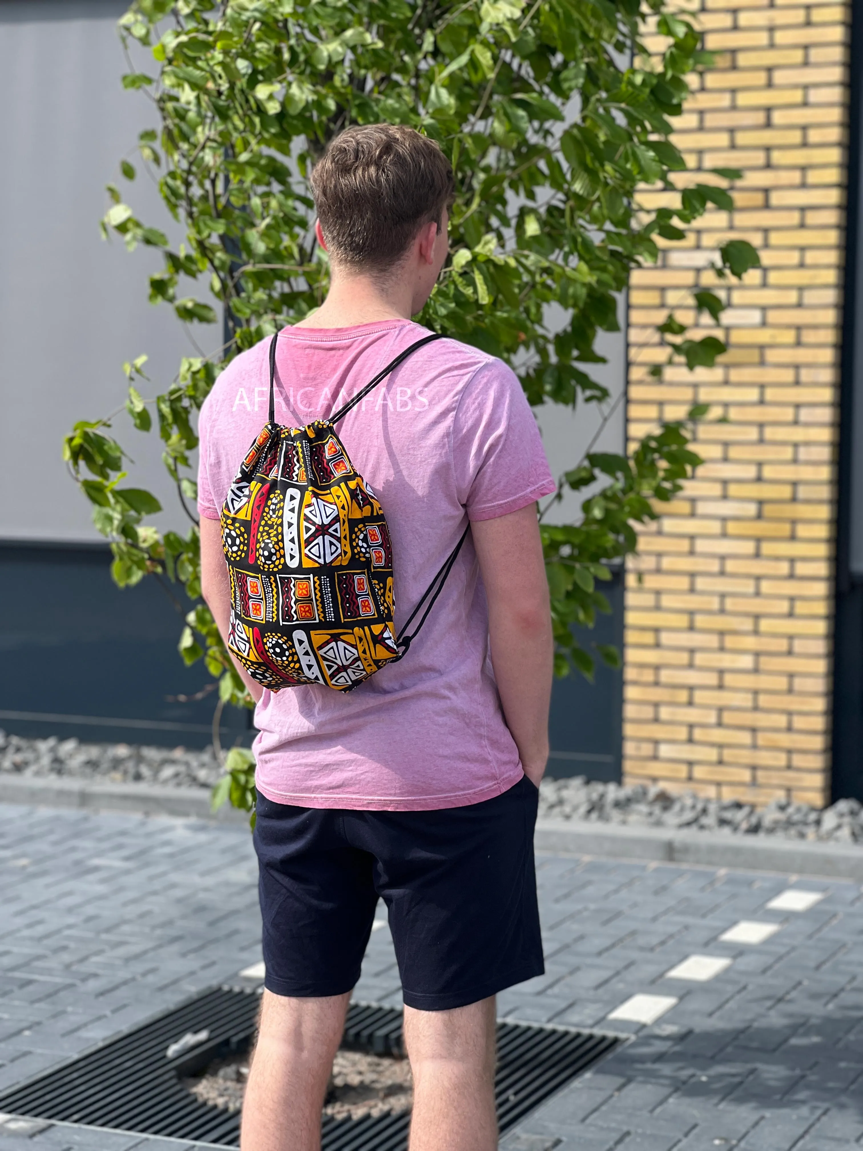 African Print Drawstring Bag / Gym Sack / School bag / Ankara Backpack / Festival Bag - Orange / yellow Bogolan