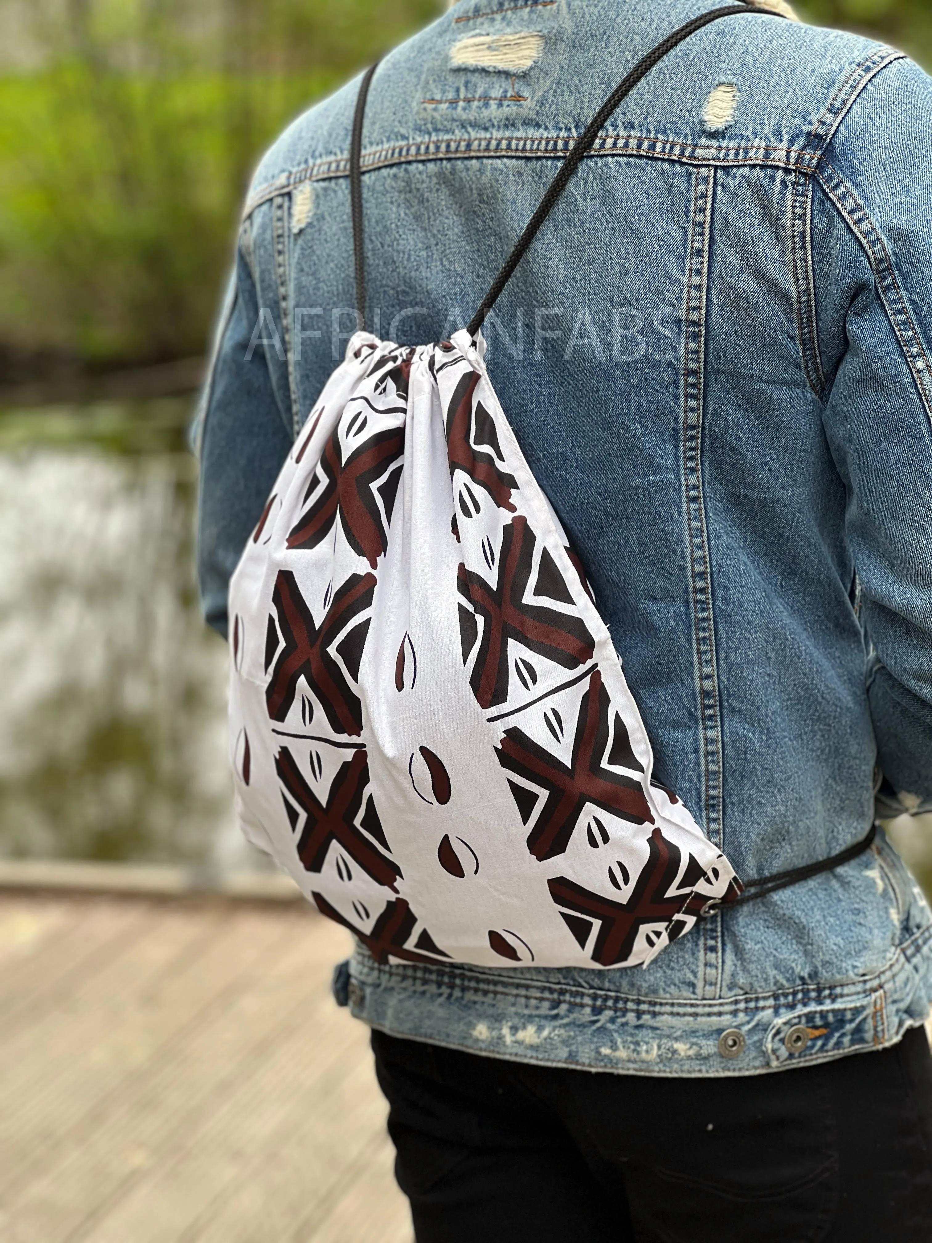 African Print Drawstring Bag / Gym Sack / School bag / Ankara Backpack / Festival Bag - White / brown bogolan