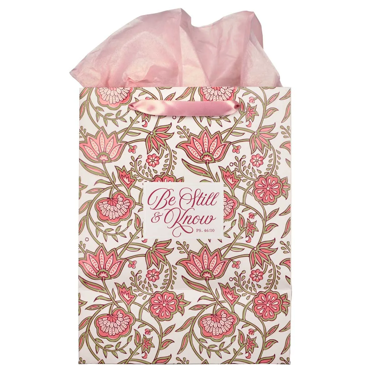 Be Still & Know Pink Floral Large Portrait Gift Bag with Gift Tag