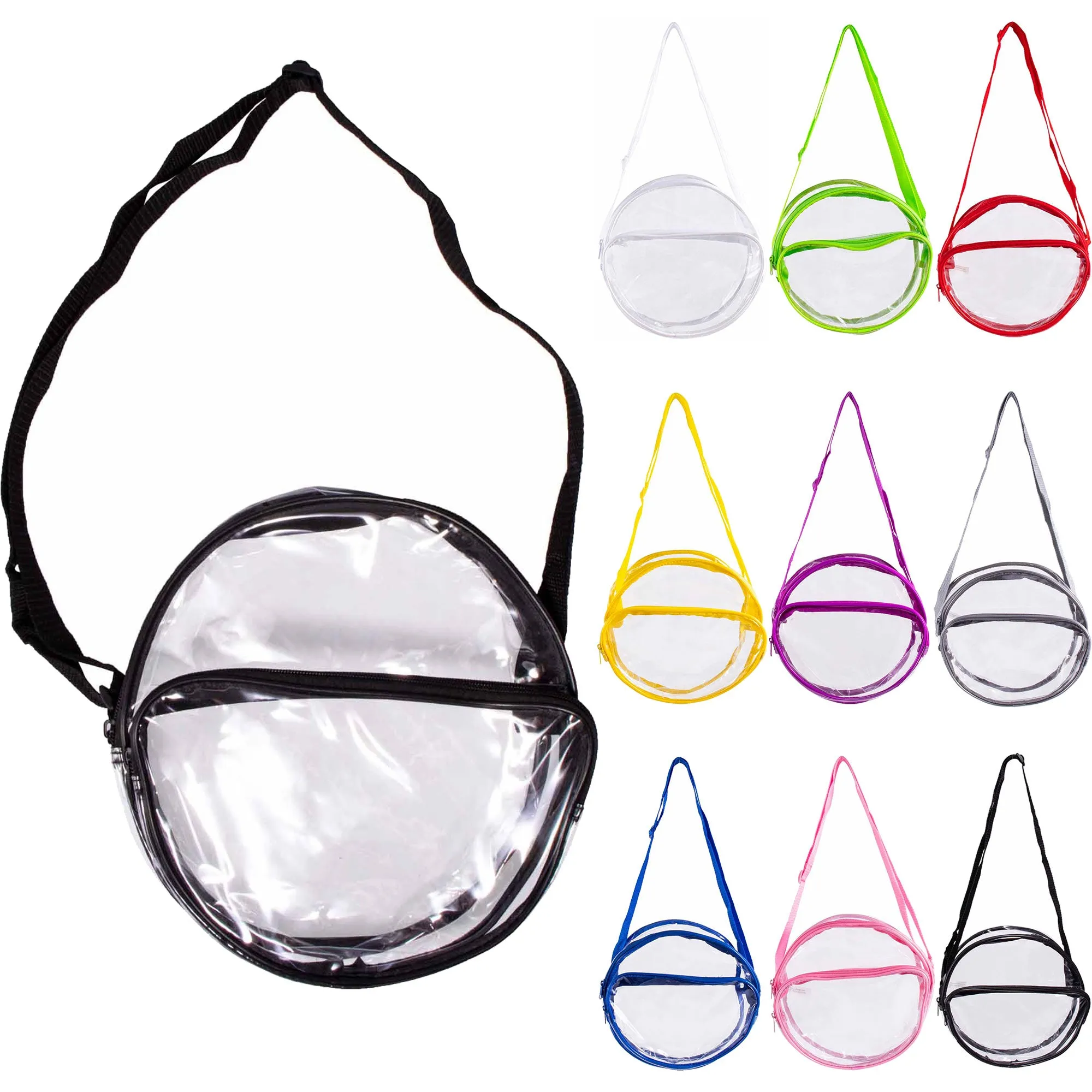 CLEARANCE WHOLESALE 10" CLEAR ROUND CROSSBODY (CASE OF 24 - $2.50 / PIECE) Wholesale Transparent Bag in Assorted Colors SKU: 10-ROUND-24