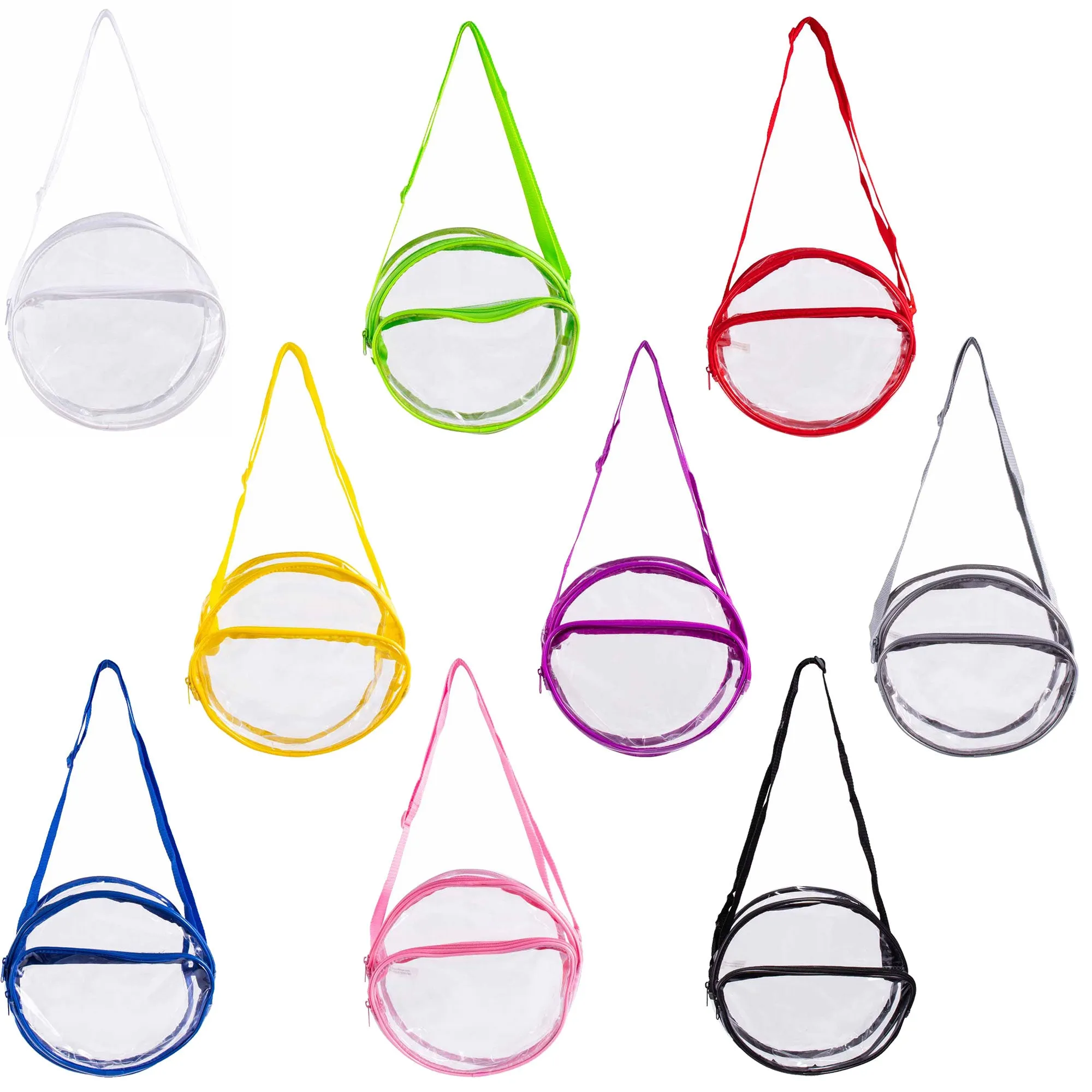 CLEARANCE WHOLESALE 10" CLEAR ROUND CROSSBODY (CASE OF 24 - $2.50 / PIECE) Wholesale Transparent Bag in Assorted Colors SKU: 10-ROUND-24