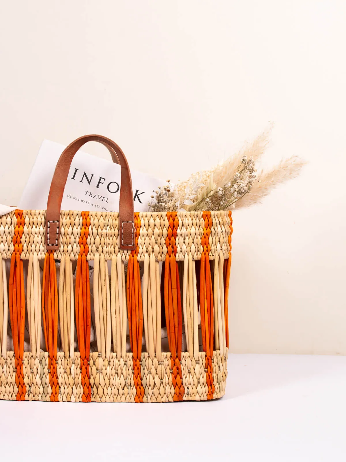 Decorative Reed Basket, Orange Stripe