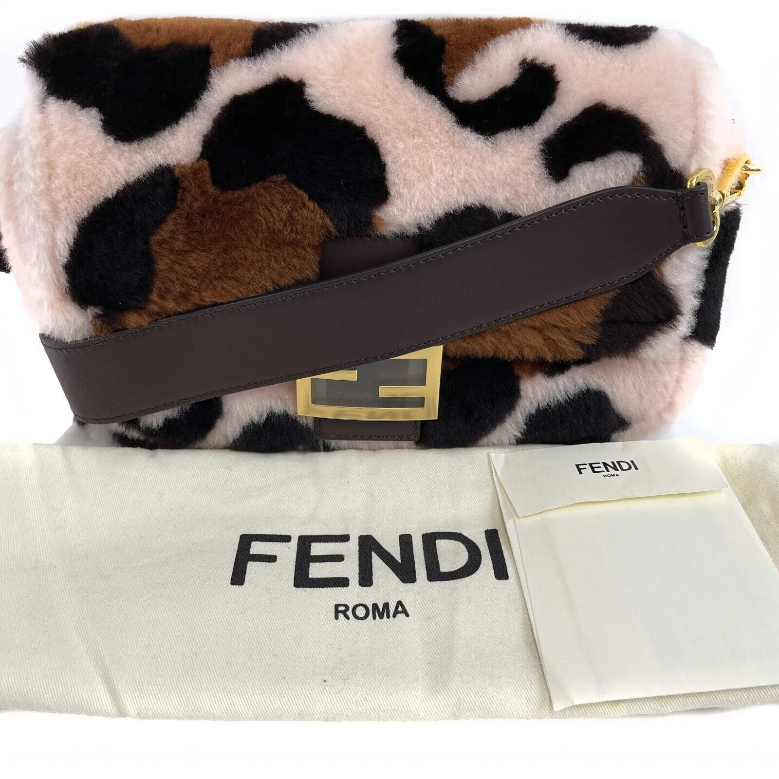 Fendi Leather Large Shearling Baguette NM Brown Pink Crossbody NEW