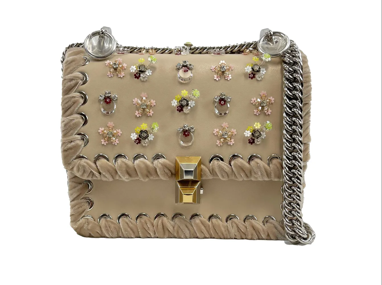 Fendi - NEW Kan I Bag Embellished Whipstitch Leather - Nude Beige Crossbody