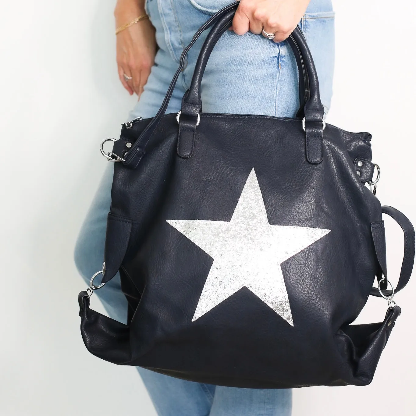 Leather Effect Star Shoulder Bag - Blue-Black