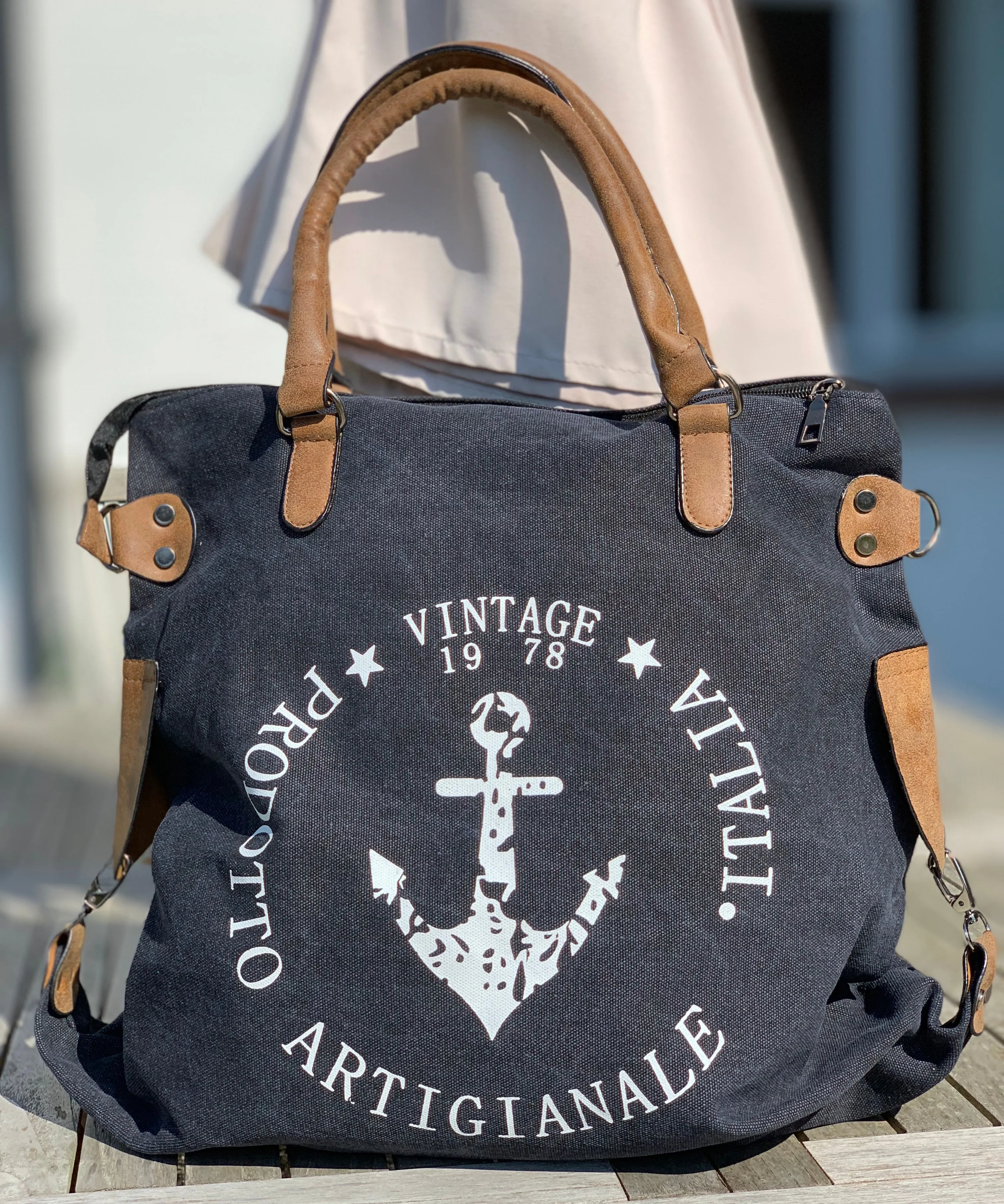 "Vintage" Anchor Large Canvas Bag - Black